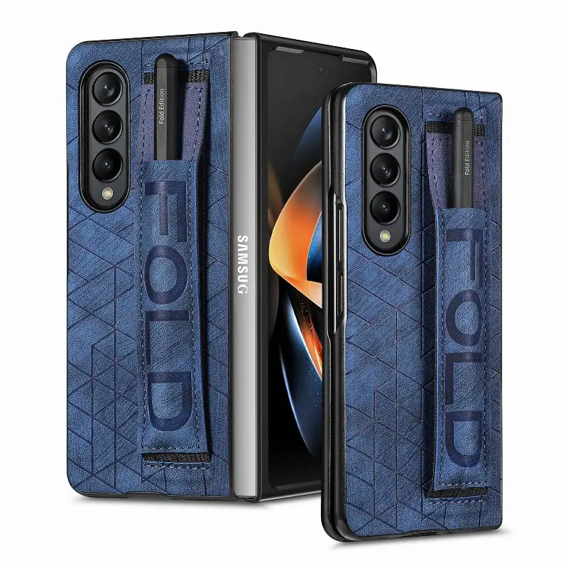 Wrist Strap Phone Case For Samsung Galaxy Z Fold 5 4 3 Phone Cover Shockproof Anti-Drop Back Cover With Pen Holder(Exclude Pen)