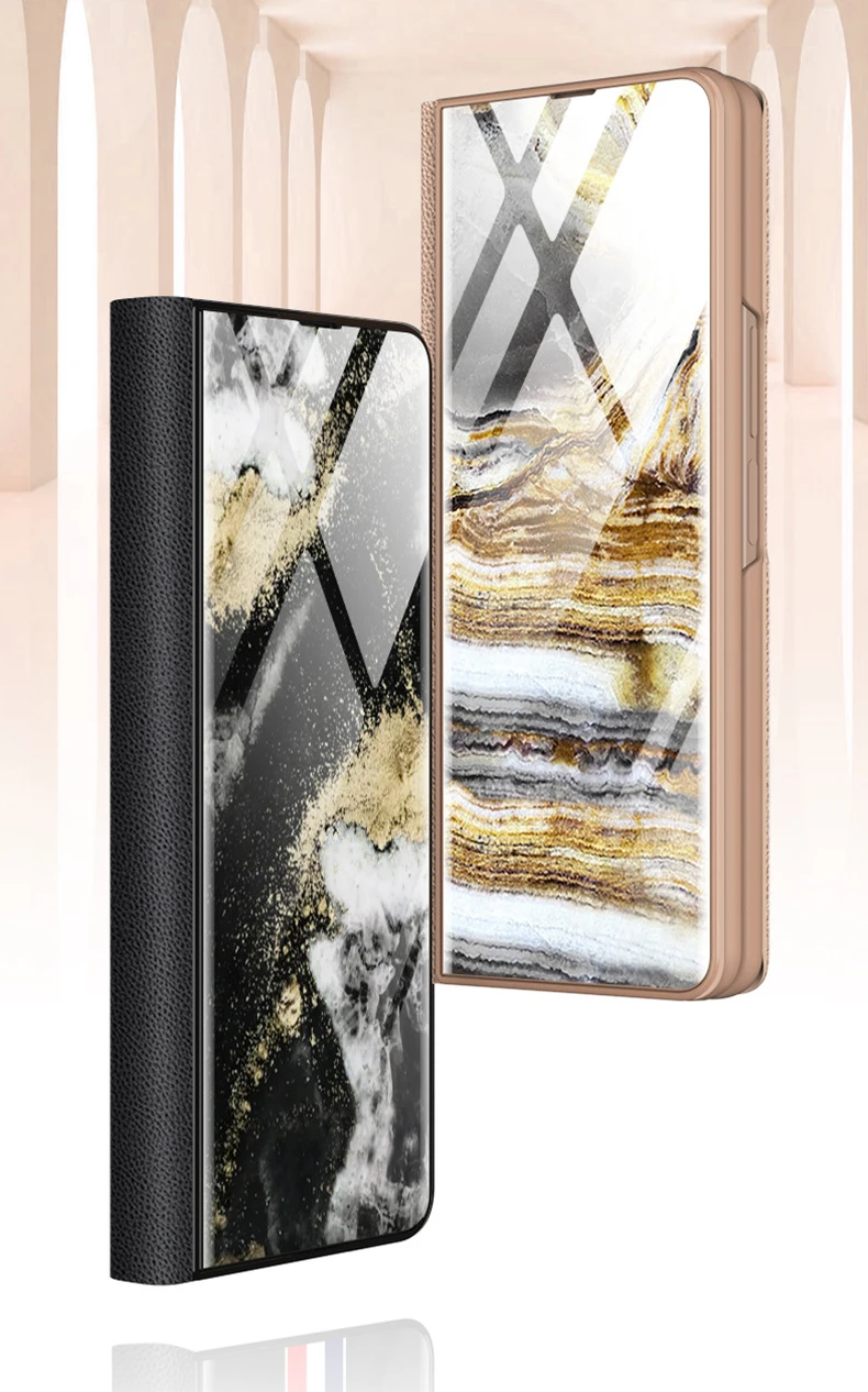 for Samsung Galaxy Z Fold 4 3 5G Case Luxury Marble Glass Leather Flip Cover for Galaxy Z Flold3 Full Protect Kickstand Funda