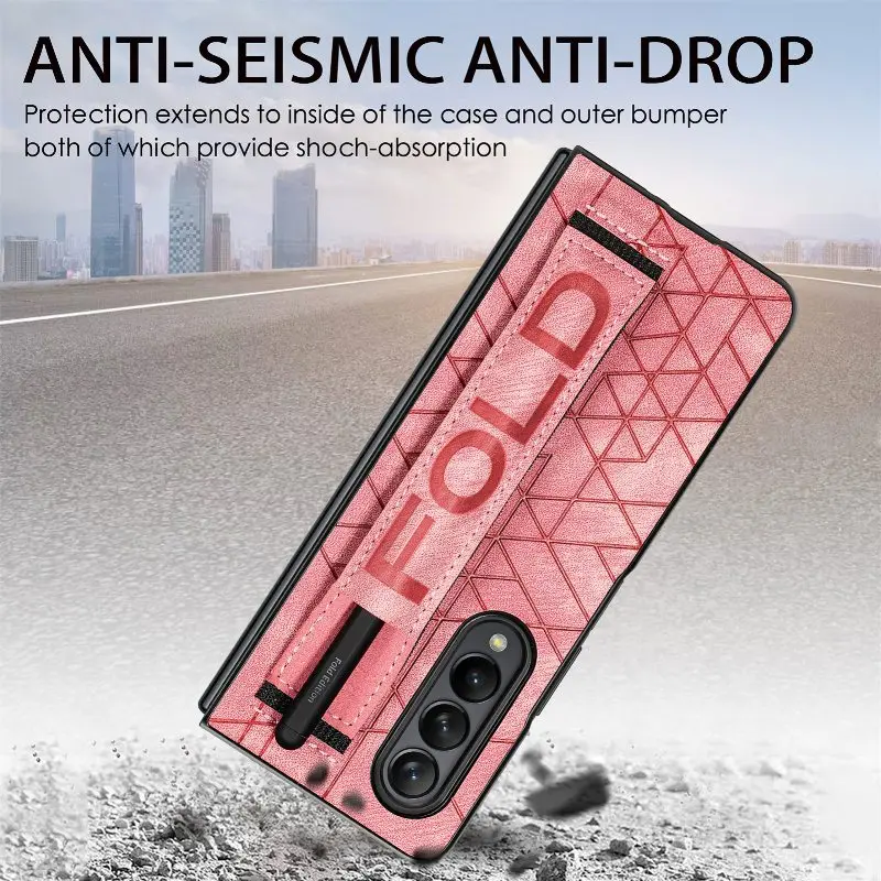 Wrist Strap Phone Case For Samsung Galaxy Z Fold 5 4 3 Phone Cover Shockproof Anti-Drop Back Cover With Pen Holder(Exclude Pen)