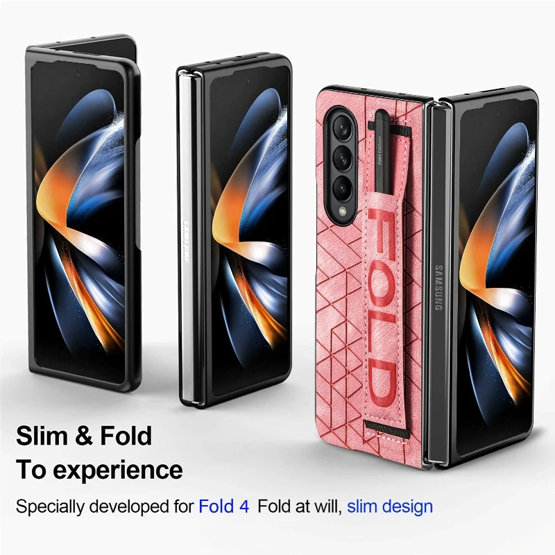 Wrist Strap Phone Case For Samsung Galaxy Z Fold 5 4 3 Phone Cover Shockproof Anti-Drop Back Cover With Pen Holder(Exclude Pen)