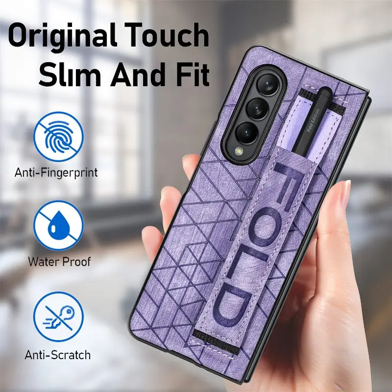 Wrist Strap Phone Case For Samsung Galaxy Z Fold 5 4 3 Phone Cover Shockproof Anti-Drop Back Cover With Pen Holder(Exclude Pen)