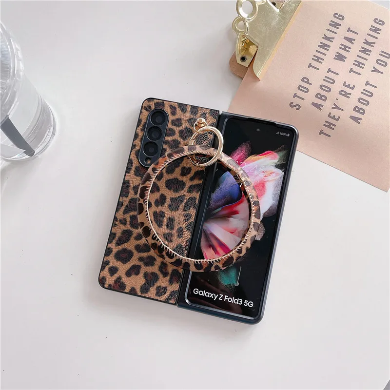 DIY Luxury Leopard Print Bracelet Pearl Strap Leather Case For Samsung Galaxy Z Fold4 Case for Galaxy Z Fold 5 Case Z Fold 3 2 1