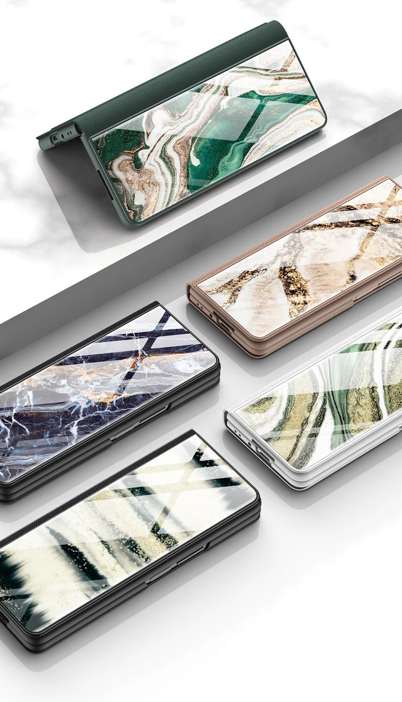 for Samsung Galaxy Z Fold 4 3 5G Case Luxury Marble Glass Leather Flip Cover for Galaxy Z Flold3 Full Protect Kickstand Funda
