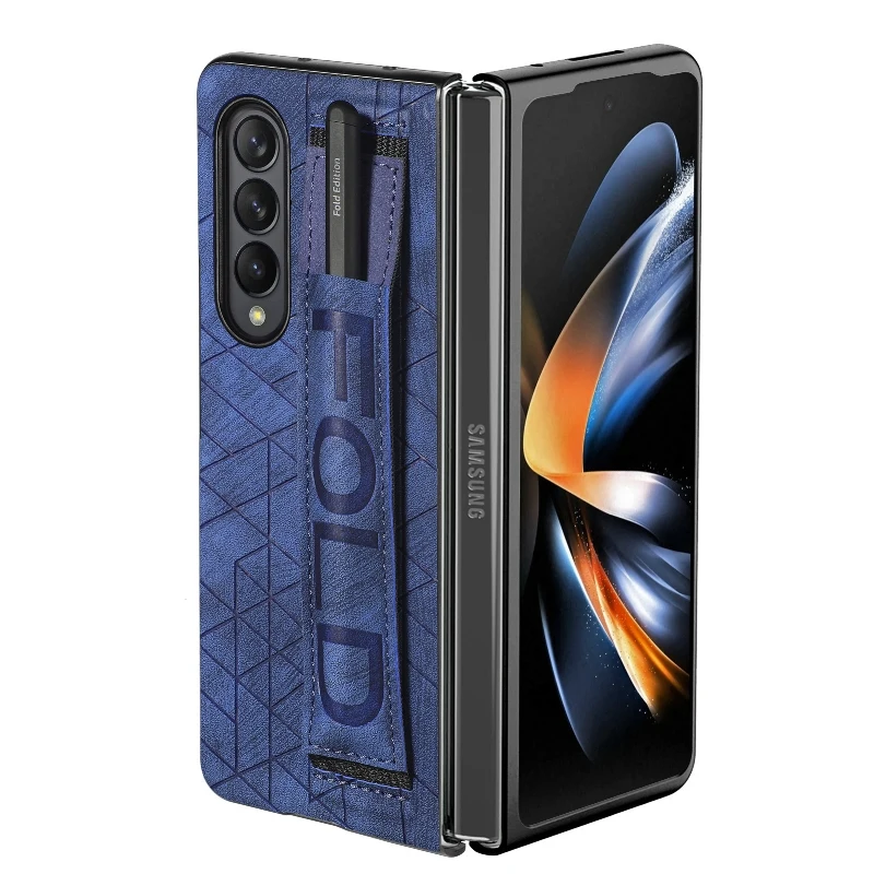 Wrist Strap Phone Case For Samsung Galaxy Z Fold 5 4 3 Phone Cover Shockproof Anti-Drop Back Cover With Pen Holder(Exclude Pen)