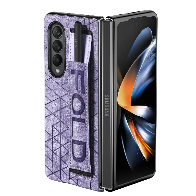 Wrist Strap Phone Case For Samsung Galaxy Z Fold 5 4 3 Phone Cover Shockproof Anti-Drop Back Cover With Pen Holder(Exclude Pen)