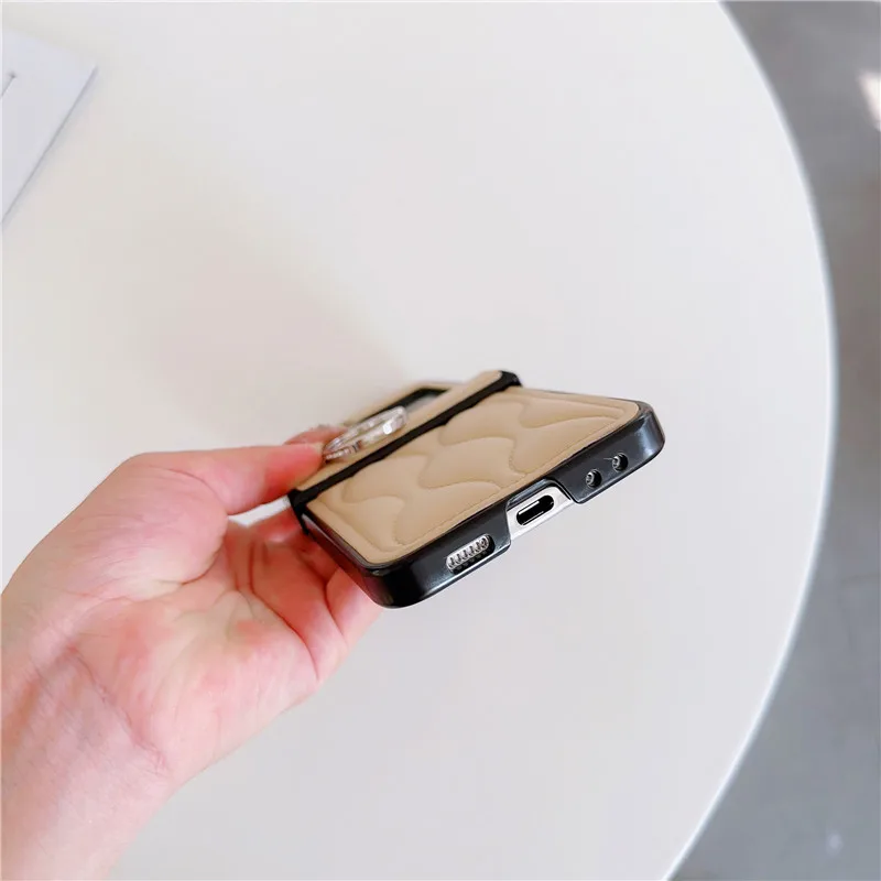 Luxury 3D Wave Pattern Ring Phone Holder Leather Case Cover for Samsung Galaxy Z Flip 5 Z Flip 4 Z Flip 3 5G Folding Back Cover