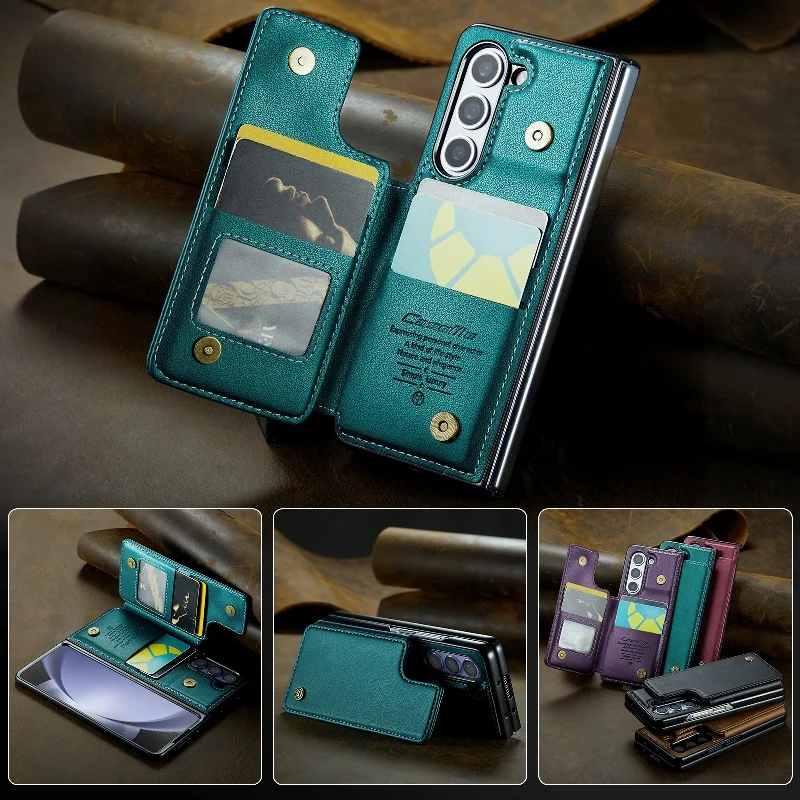 Solid Color Leather Phone Case For Samsung Galaxy Z Fold 5 Z Fold4 Z Fold 3 Magnetic Flip Case Wallet Card Phone Cover