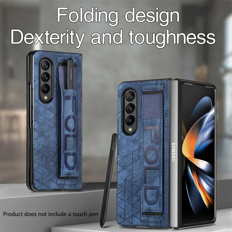 Wrist Strap Phone Case For Samsung Galaxy Z Fold 5 4 3 Phone Cover Shockproof Anti-Drop Back Cover With Pen Holder(Exclude Pen)