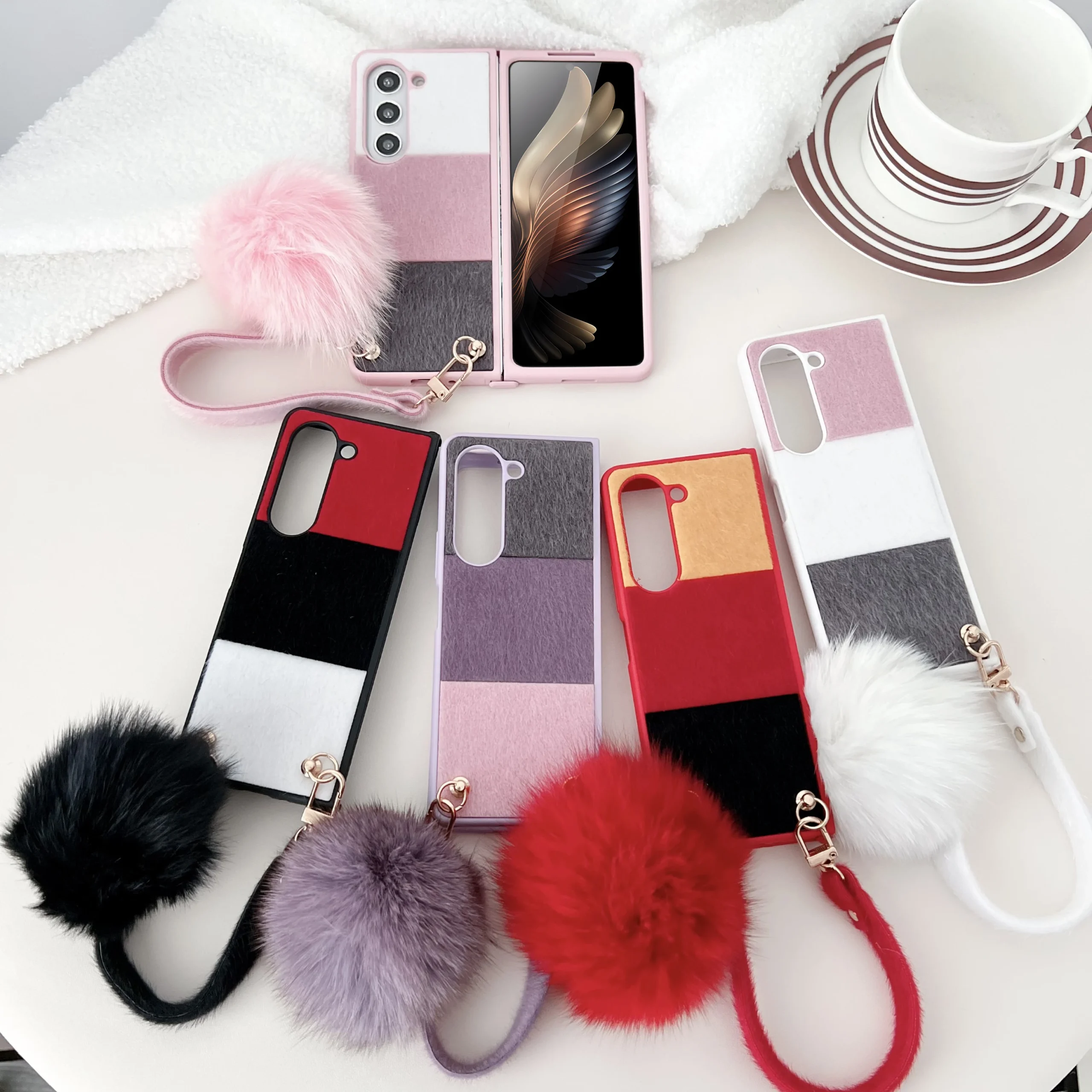 For Samsung Galaxy Z Fold 5 4 3 Case Skin Friendly Color Splicing Soft Edge Plush Ball Wrist Strap Folding Shockproof Hard Cover