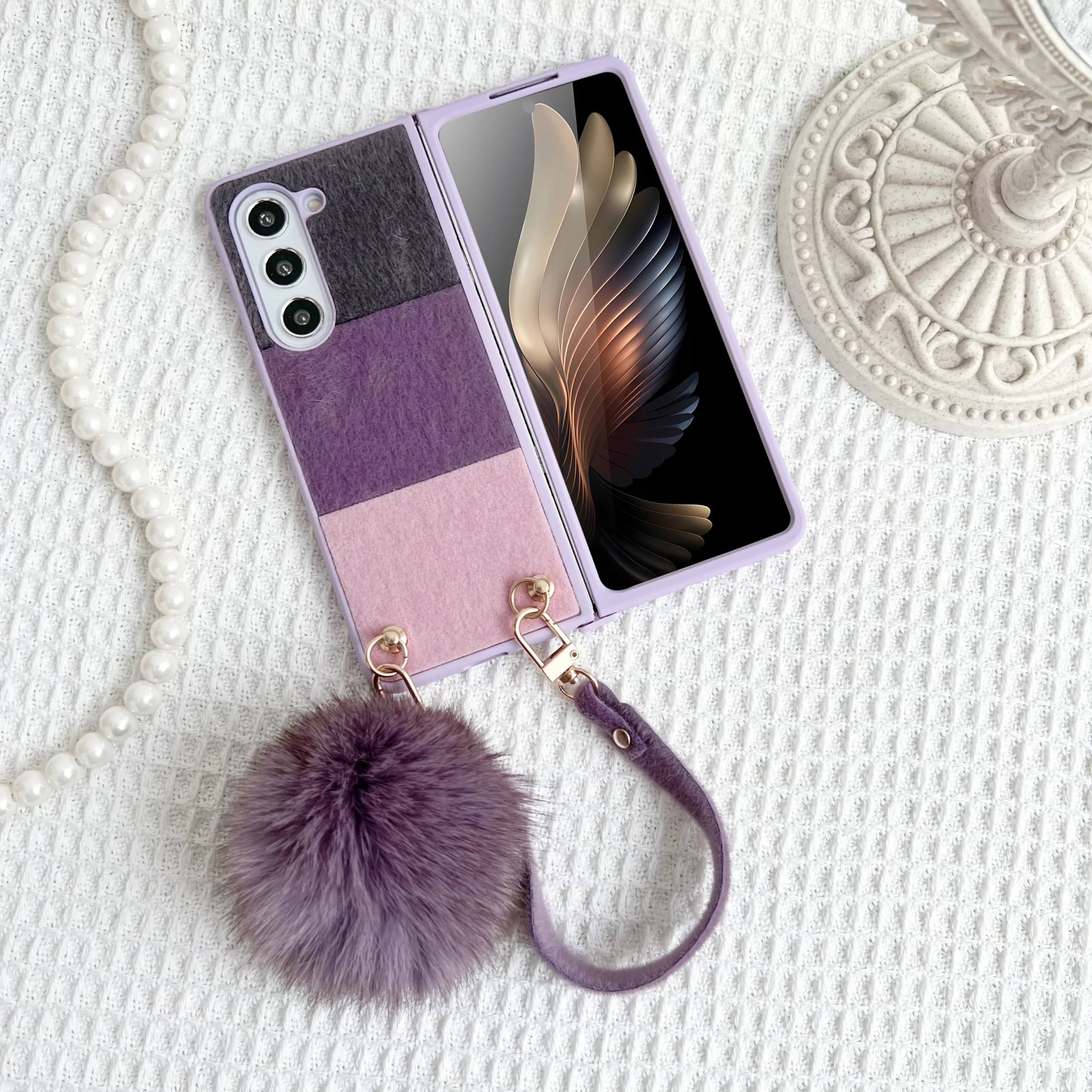 For Samsung Galaxy Z Fold 5 4 3 Case Skin Friendly Color Splicing Soft Edge Plush Ball Wrist Strap Folding Shockproof Hard Cover