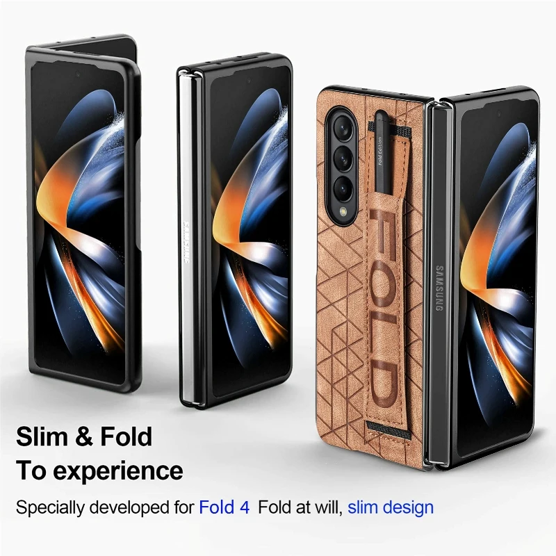 Wrist Strap Phone Case For Samsung Galaxy Z Fold 5 4 3 Phone Cover Shockproof Anti-Drop Back Cover With Pen Holder(Exclude Pen)