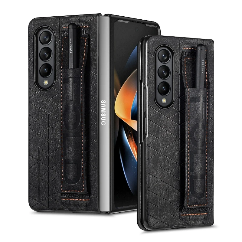 Wrist Strap Phone Case For Samsung Galaxy Z Fold 5 4 3 Phone Cover Shockproof Anti-Drop Back Cover With Pen Holder(Exclude Pen)