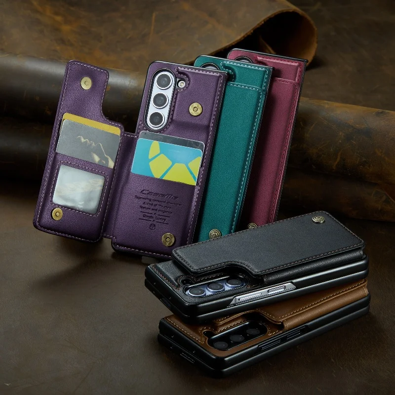 Solid Color Leather Phone Case For Samsung Galaxy Z Fold 5 Z Fold4 Z Fold 3 Magnetic Flip Case Wallet Card Phone Cover