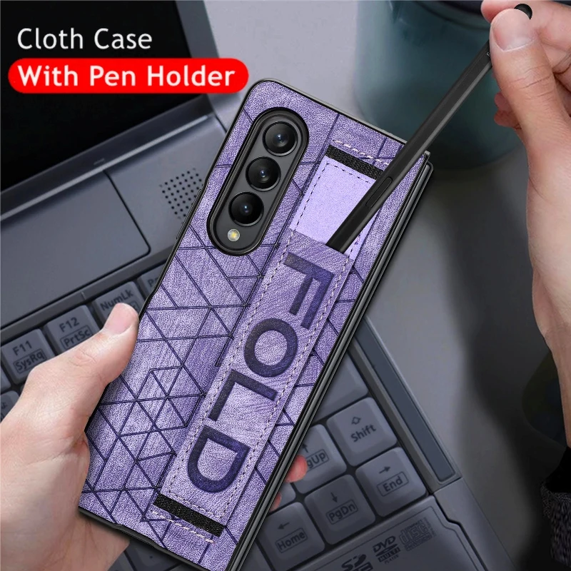Wrist Strap Phone Case For Samsung Galaxy Z Fold 5 4 3 Phone Cover Shockproof Anti-Drop Back Cover With Pen Holder(Exclude Pen)