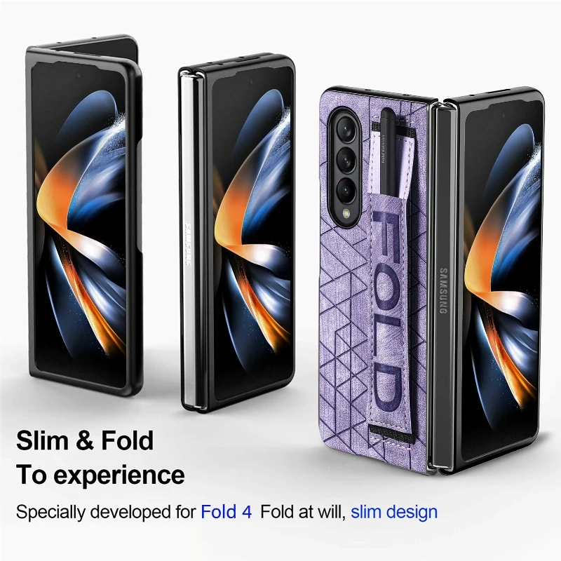 Wrist Strap Phone Case For Samsung Galaxy Z Fold 5 4 3 Phone Cover Shockproof Anti-Drop Back Cover With Pen Holder(Exclude Pen)