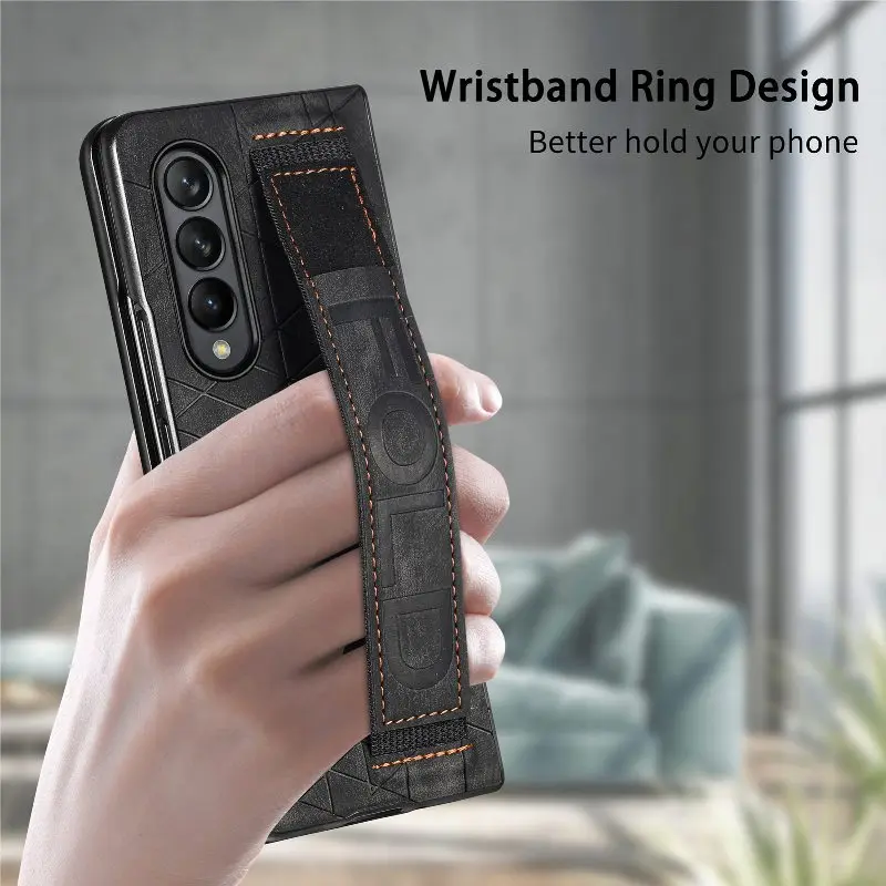 Wrist Strap Phone Case For Samsung Galaxy Z Fold 5 4 3 Phone Cover Shockproof Anti-Drop Back Cover With Pen Holder(Exclude Pen)