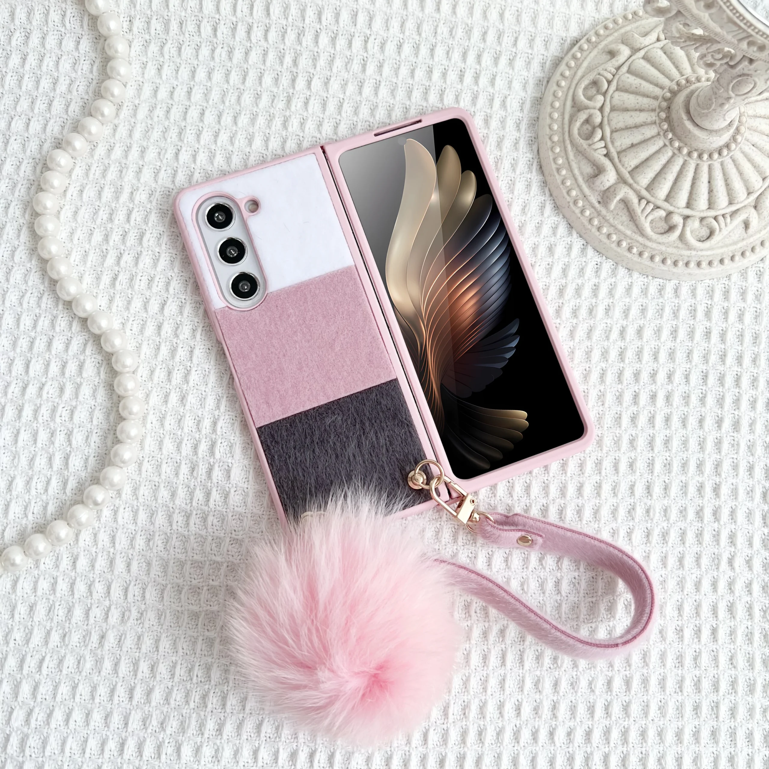 For Samsung Galaxy Z Fold 5 4 3 Case Skin Friendly Color Splicing Soft Edge Plush Ball Wrist Strap Folding Shockproof Hard Cover