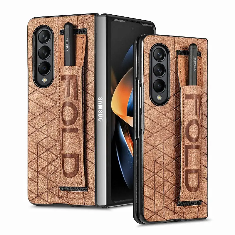 Wrist Strap Phone Case For Samsung Galaxy Z Fold 5 4 3 Phone Cover Shockproof Anti-Drop Back Cover With Pen Holder(Exclude Pen)
