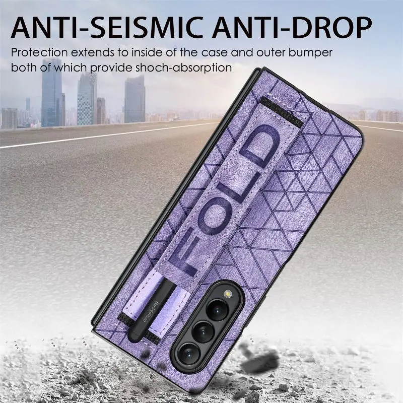 Wrist Strap Phone Case For Samsung Galaxy Z Fold 5 4 3 Phone Cover Shockproof Anti-Drop Back Cover With Pen Holder(Exclude Pen)