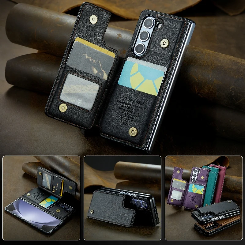 Solid Color Leather Phone Case For Samsung Galaxy Z Fold 5 Z Fold4 Z Fold 3 Magnetic Flip Case Wallet Card Phone Cover