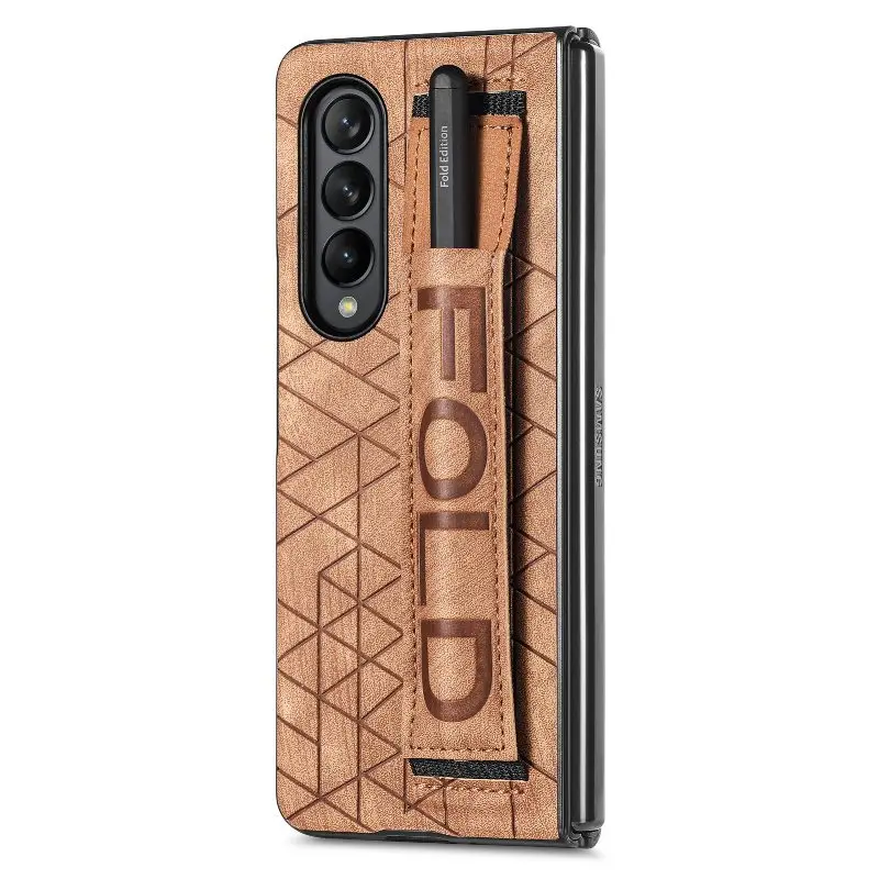 Wrist Strap Phone Case For Samsung Galaxy Z Fold 5 4 3 Phone Cover Shockproof Anti-Drop Back Cover With Pen Holder(Exclude Pen)