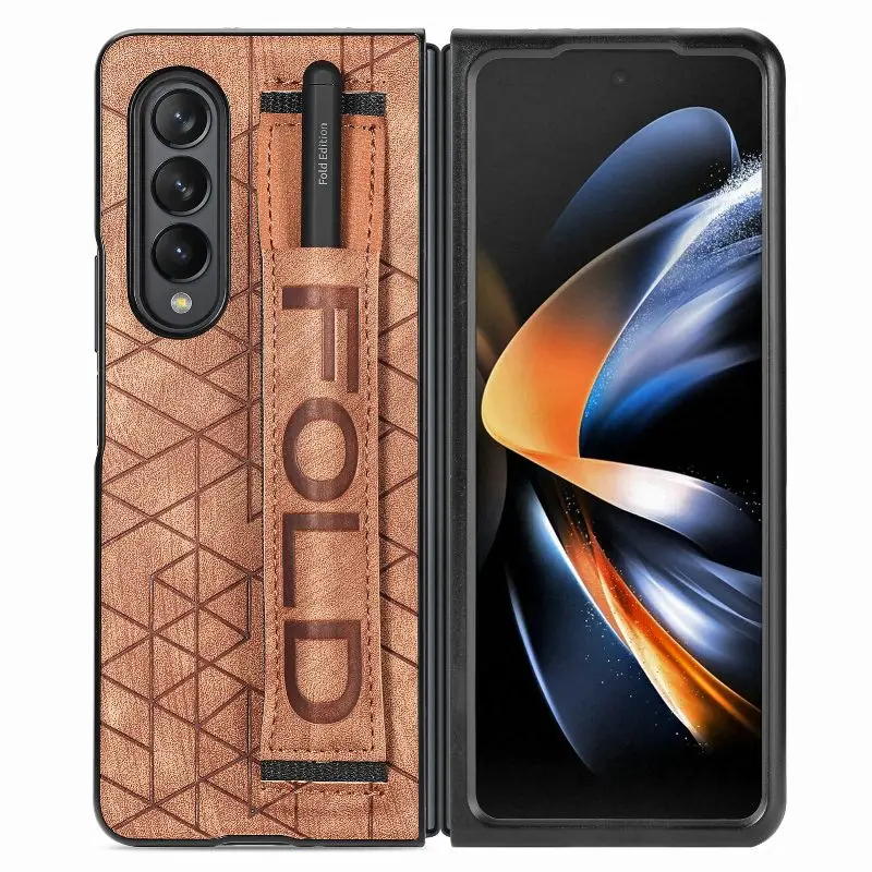 Wrist Strap Phone Case For Samsung Galaxy Z Fold 5 4 3 Phone Cover Shockproof Anti-Drop Back Cover With Pen Holder(Exclude Pen)