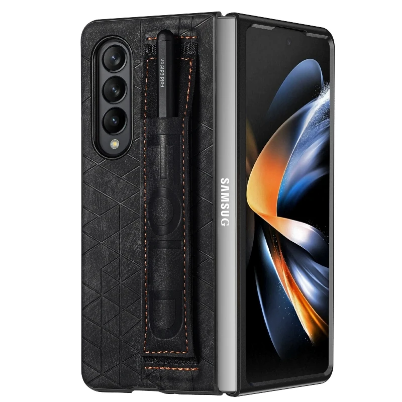 Wrist Strap Phone Case For Samsung Galaxy Z Fold 5 4 3 Phone Cover Shockproof Anti-Drop Back Cover With Pen Holder(Exclude Pen)