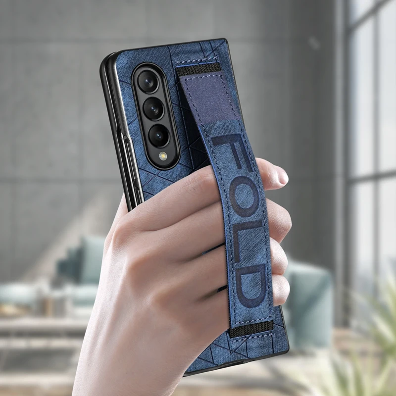 Wrist Strap Phone Case For Samsung Galaxy Z Fold 5 4 3 Phone Cover Shockproof Anti-Drop Back Cover With Pen Holder(Exclude Pen)