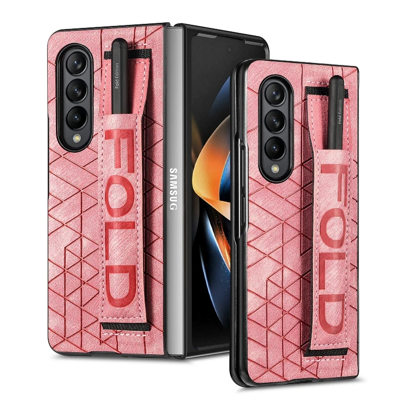 Wrist Strap Phone Case For Samsung Galaxy Z Fold 5 4 3 Phone Cover Shockproof Anti-Drop Back Cover With Pen Holder(Exclude Pen)