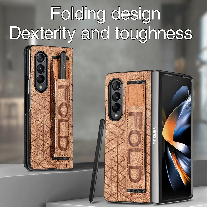 Wrist Strap Phone Case For Samsung Galaxy Z Fold 5 4 3 Phone Cover Shockproof Anti-Drop Back Cover With Pen Holder(Exclude Pen)
