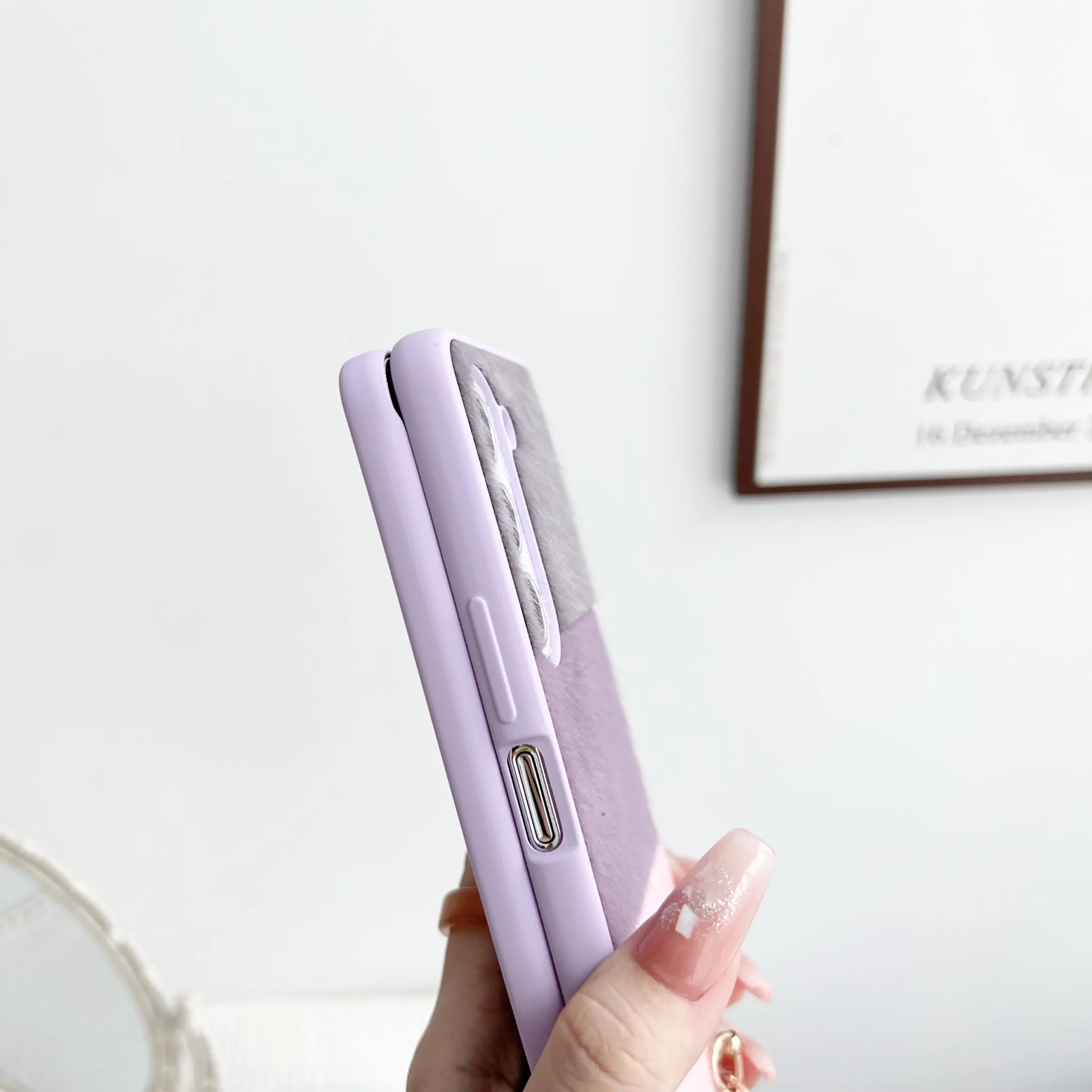 For Samsung Galaxy Z Fold 5 4 3 Case Skin Friendly Color Splicing Soft Edge Plush Ball Wrist Strap Folding Shockproof Hard Cover