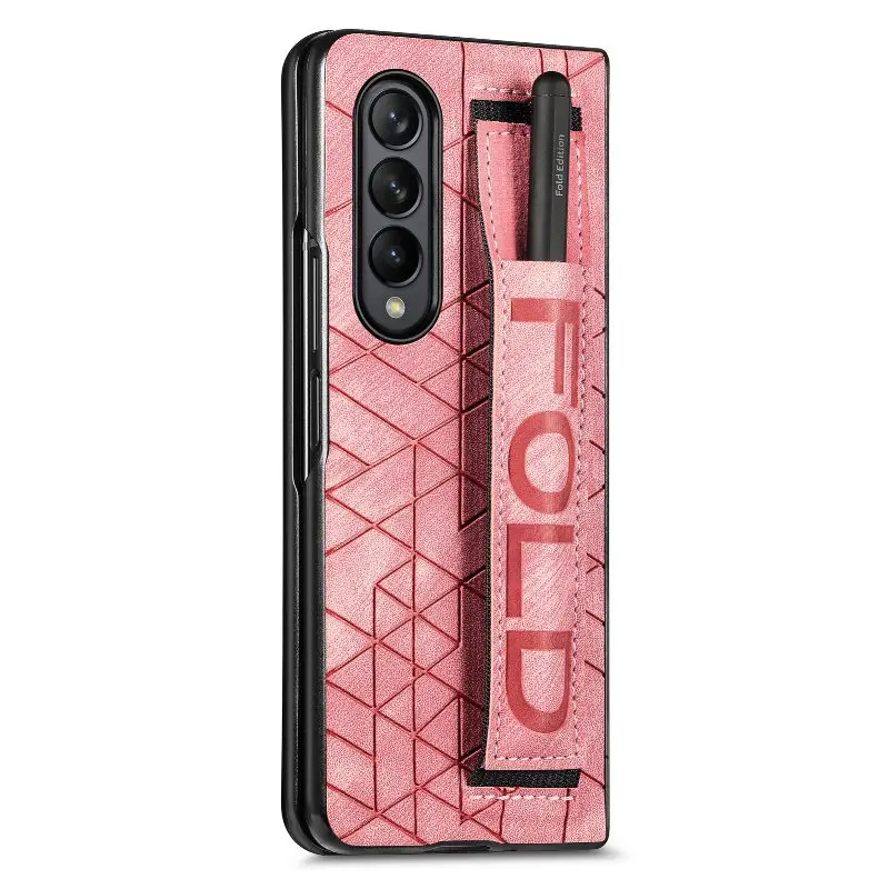 Wrist Strap Phone Case For Samsung Galaxy Z Fold 5 4 3 Phone Cover Shockproof Anti-Drop Back Cover With Pen Holder(Exclude Pen)
