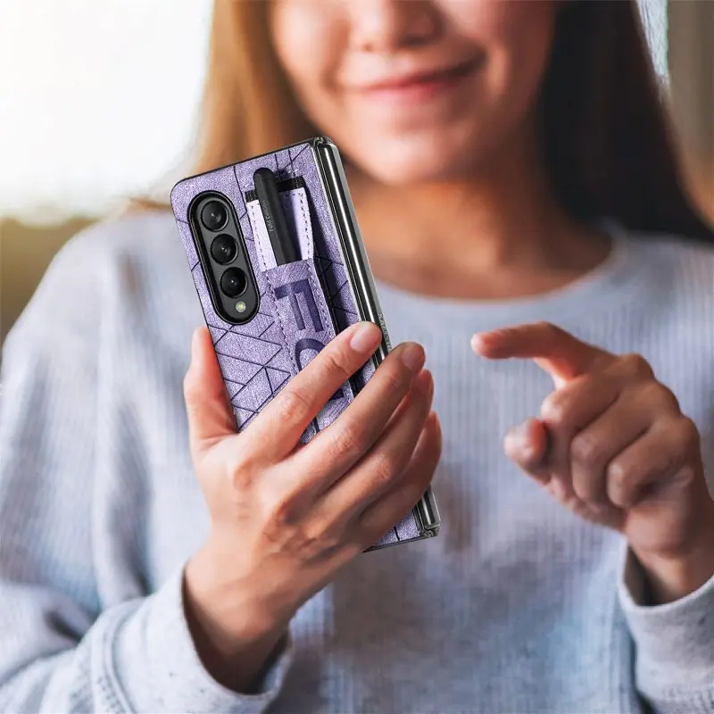 Wrist Strap Phone Case For Samsung Galaxy Z Fold 5 4 3 Phone Cover Shockproof Anti-Drop Back Cover With Pen Holder(Exclude Pen)