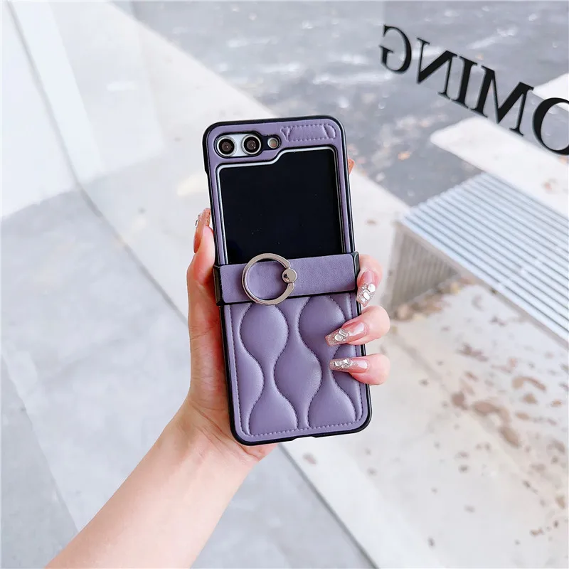 Luxury 3D Wave Pattern Ring Phone Holder Leather Case Cover for Samsung Galaxy Z Flip 5 Z Flip 4 Z Flip 3 5G Folding Back Cover