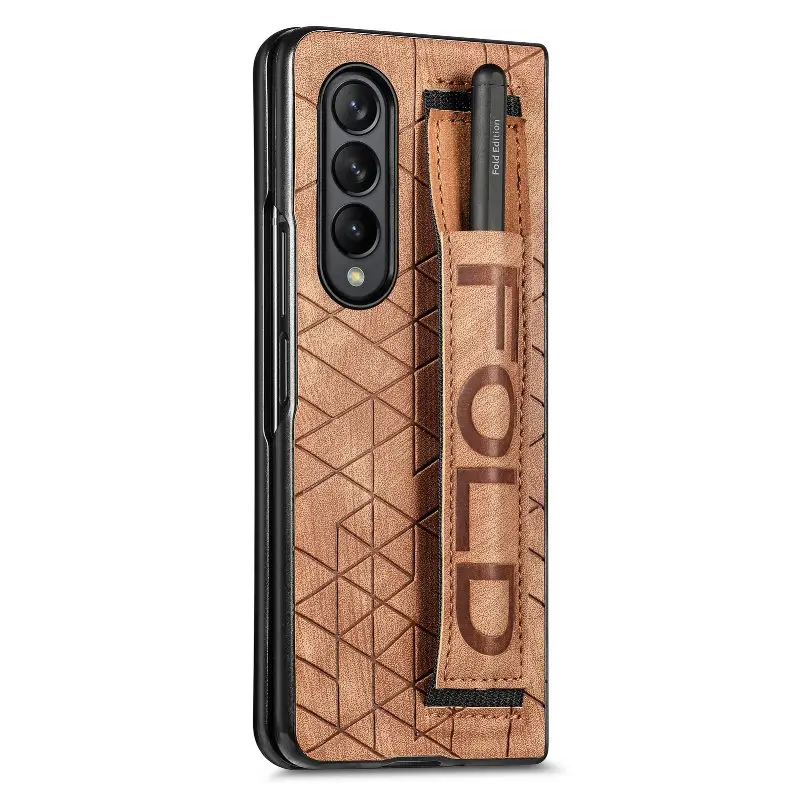 Wrist Strap Phone Case For Samsung Galaxy Z Fold 5 4 3 Phone Cover Shockproof Anti-Drop Back Cover With Pen Holder(Exclude Pen)