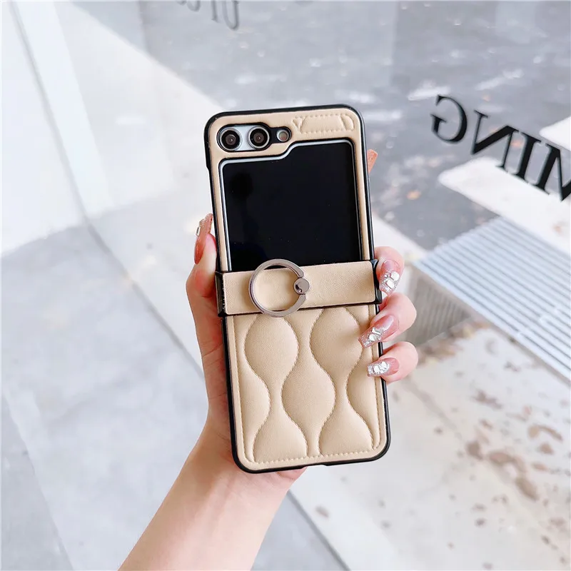 Luxury 3D Wave Pattern Ring Phone Holder Leather Case Cover for Samsung Galaxy Z Flip 5 Z Flip 4 Z Flip 3 5G Folding Back Cover