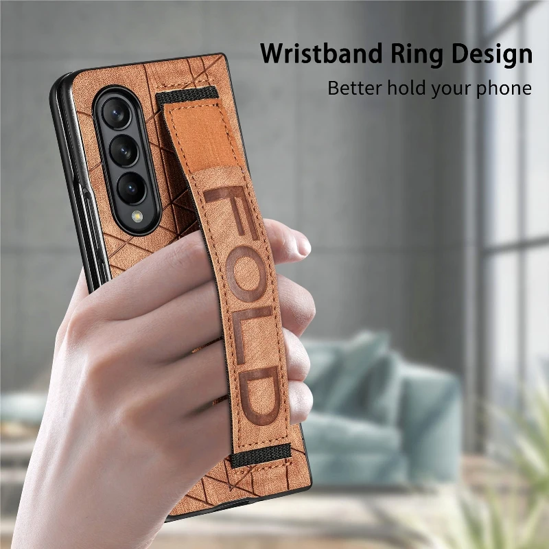 Wrist Strap Phone Case For Samsung Galaxy Z Fold 5 4 3 Phone Cover Shockproof Anti-Drop Back Cover With Pen Holder(Exclude Pen)