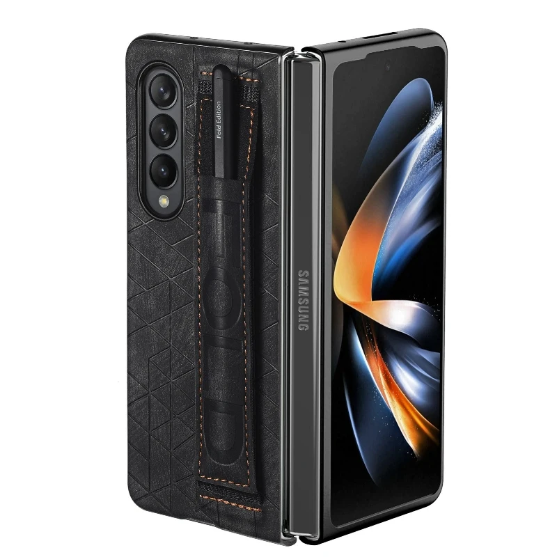 Wrist Strap Phone Case For Samsung Galaxy Z Fold 5 4 3 Phone Cover Shockproof Anti-Drop Back Cover With Pen Holder(Exclude Pen)