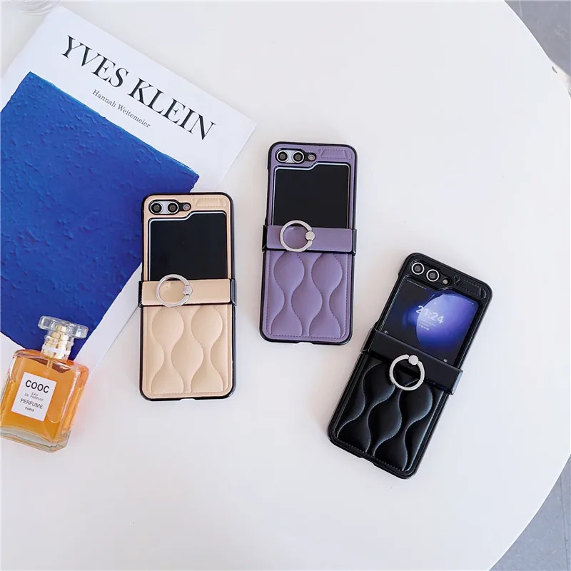 Luxury 3D Wave Pattern Ring Phone Holder Leather Case Cover for Samsung Galaxy Z Flip 5 Z Flip 4 Z Flip 3 5G Folding Back Cover