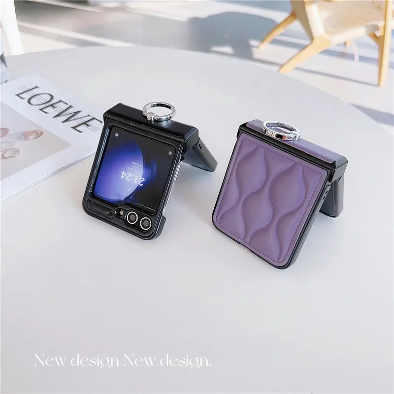 Luxury 3D Wave Pattern Ring Phone Holder Leather Case Cover for Samsung Galaxy Z Flip 5 Z Flip 4 Z Flip 3 5G Folding Back Cover