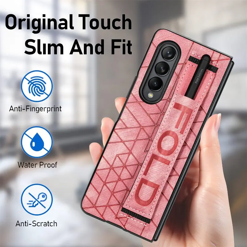 Wrist Strap Phone Case For Samsung Galaxy Z Fold 5 4 3 Phone Cover Shockproof Anti-Drop Back Cover With Pen Holder(Exclude Pen)