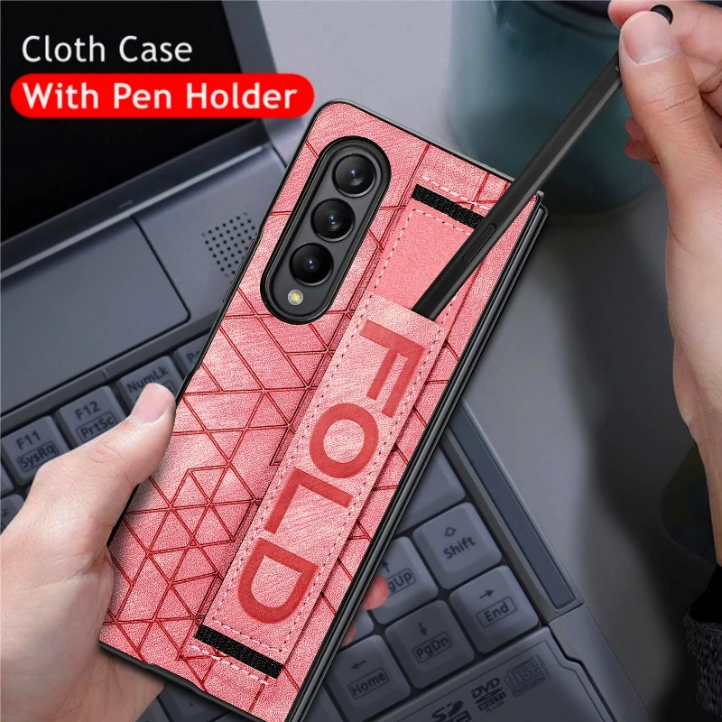 Wrist Strap Phone Case For Samsung Galaxy Z Fold 5 4 3 Phone Cover Shockproof Anti-Drop Back Cover With Pen Holder(Exclude Pen)