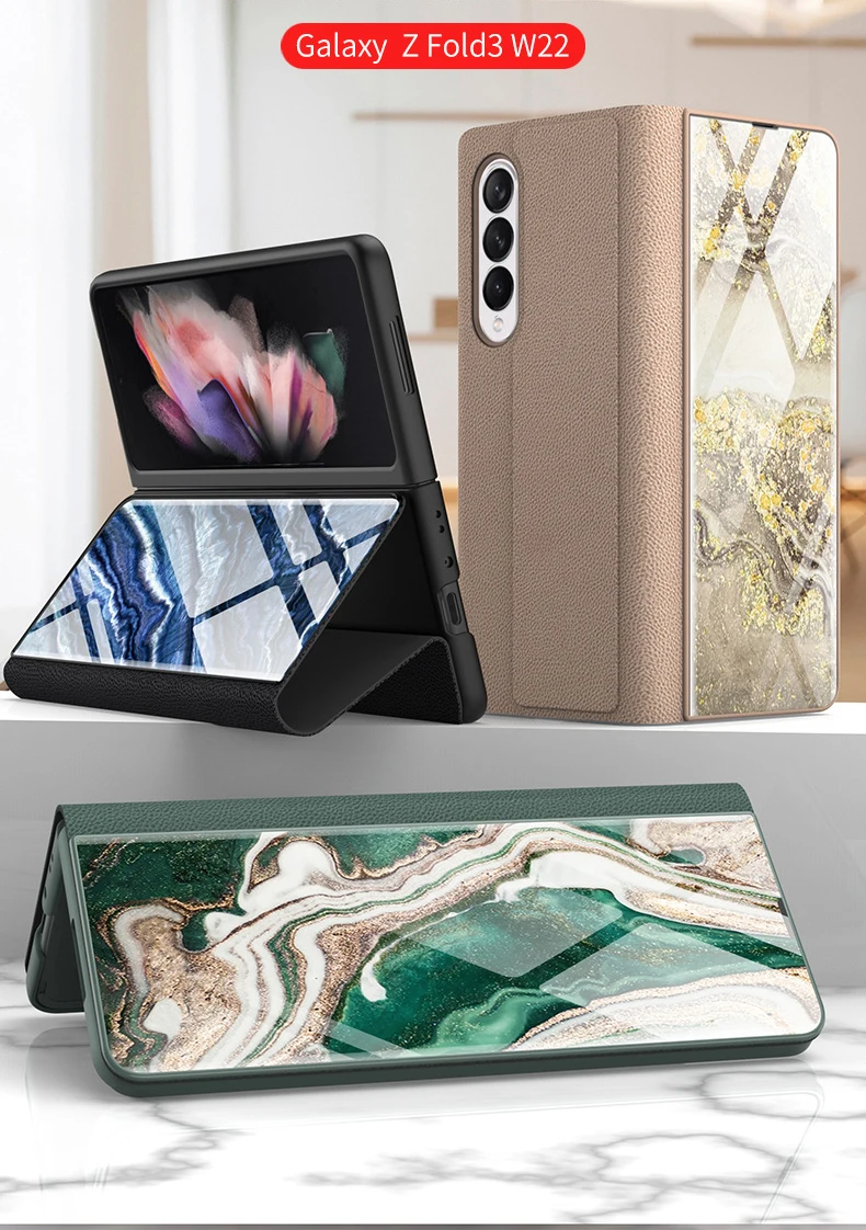 for Samsung Galaxy Z Fold 4 3 5G Case Luxury Marble Glass Leather Flip Cover for Galaxy Z Flold3 Full Protect Kickstand Funda