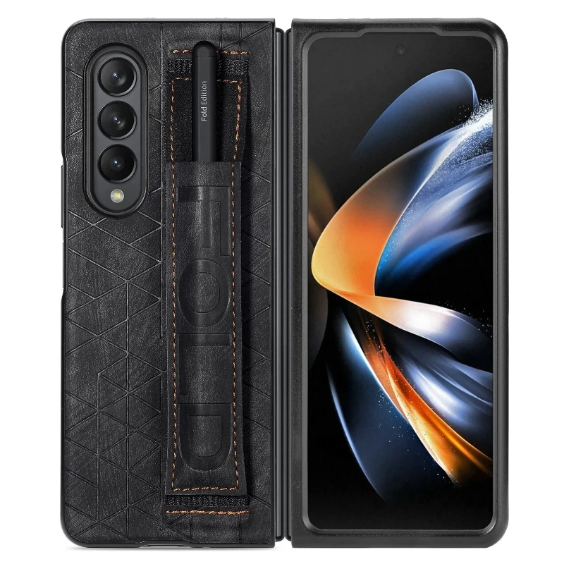 Wrist Strap Phone Case For Samsung Galaxy Z Fold 5 4 3 Phone Cover Shockproof Anti-Drop Back Cover With Pen Holder(Exclude Pen)