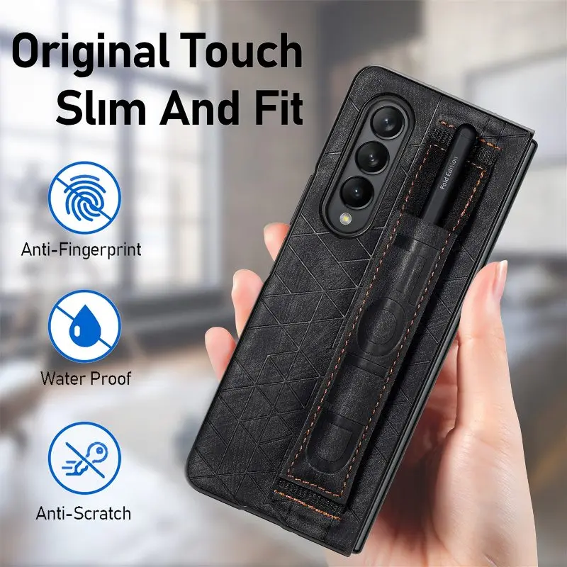 Wrist Strap Phone Case For Samsung Galaxy Z Fold 5 4 3 Phone Cover Shockproof Anti-Drop Back Cover With Pen Holder(Exclude Pen)