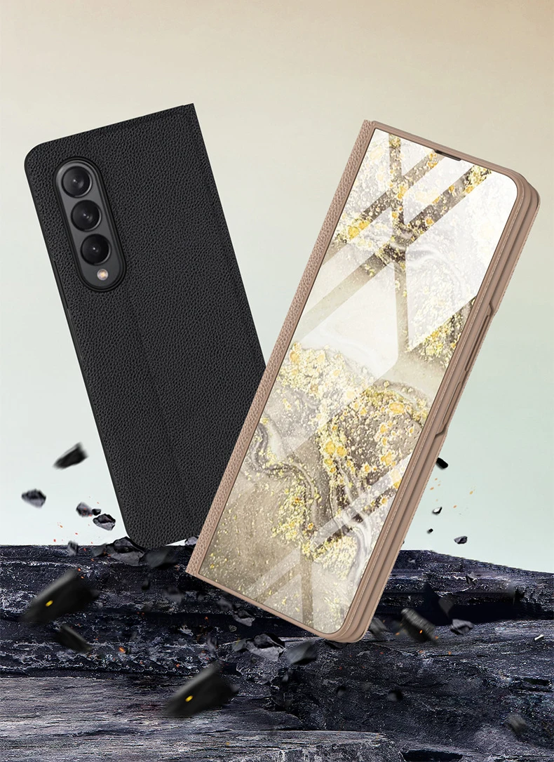 for Samsung Galaxy Z Fold 4 3 5G Case Luxury Marble Glass Leather Flip Cover for Galaxy Z Flold3 Full Protect Kickstand Funda