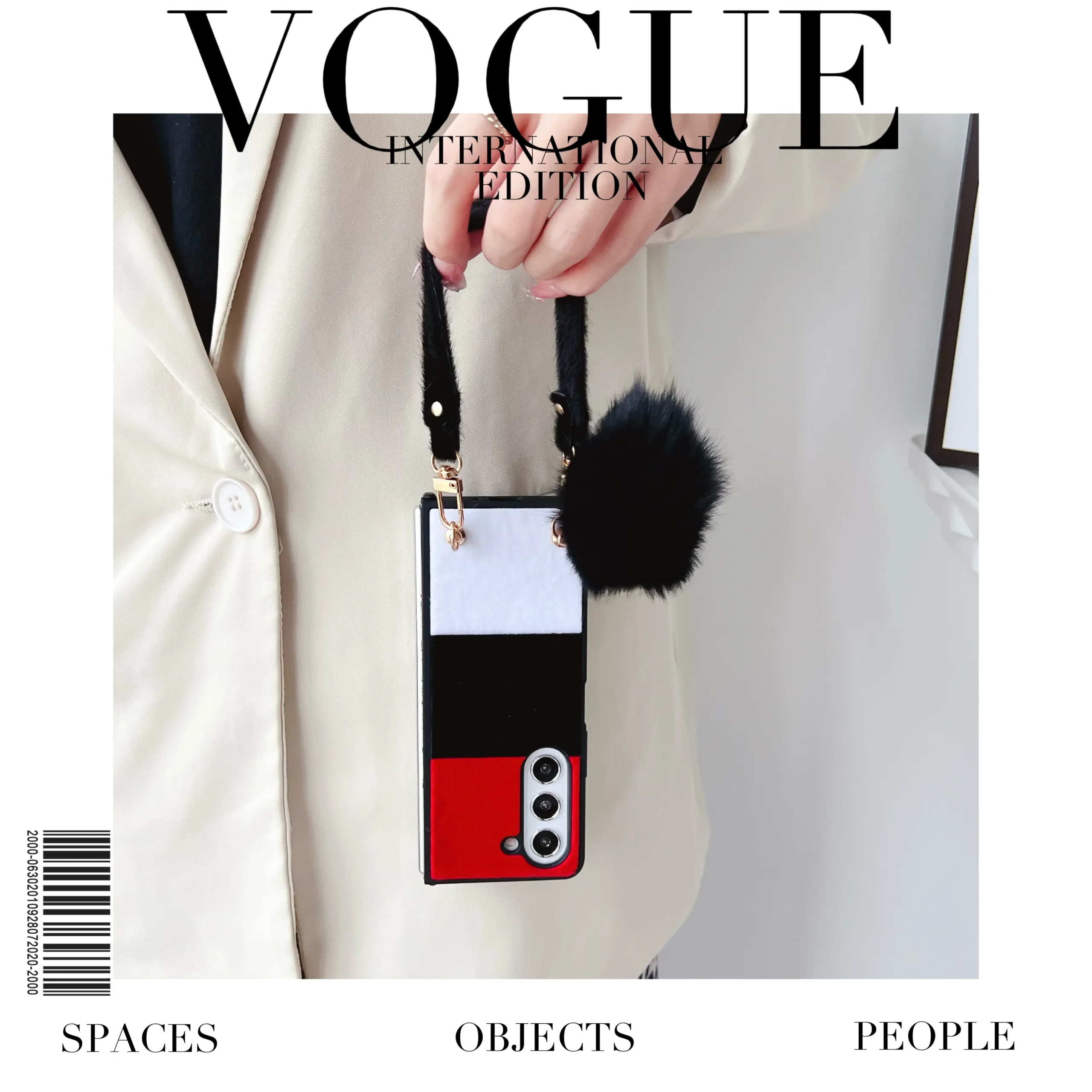 For Samsung Galaxy Z Fold 5 4 3 Case Skin Friendly Color Splicing Soft Edge Plush Ball Wrist Strap Folding Shockproof Hard Cover