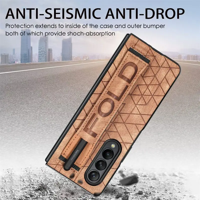 Wrist Strap Phone Case For Samsung Galaxy Z Fold 5 4 3 Phone Cover Shockproof Anti-Drop Back Cover With Pen Holder(Exclude Pen)