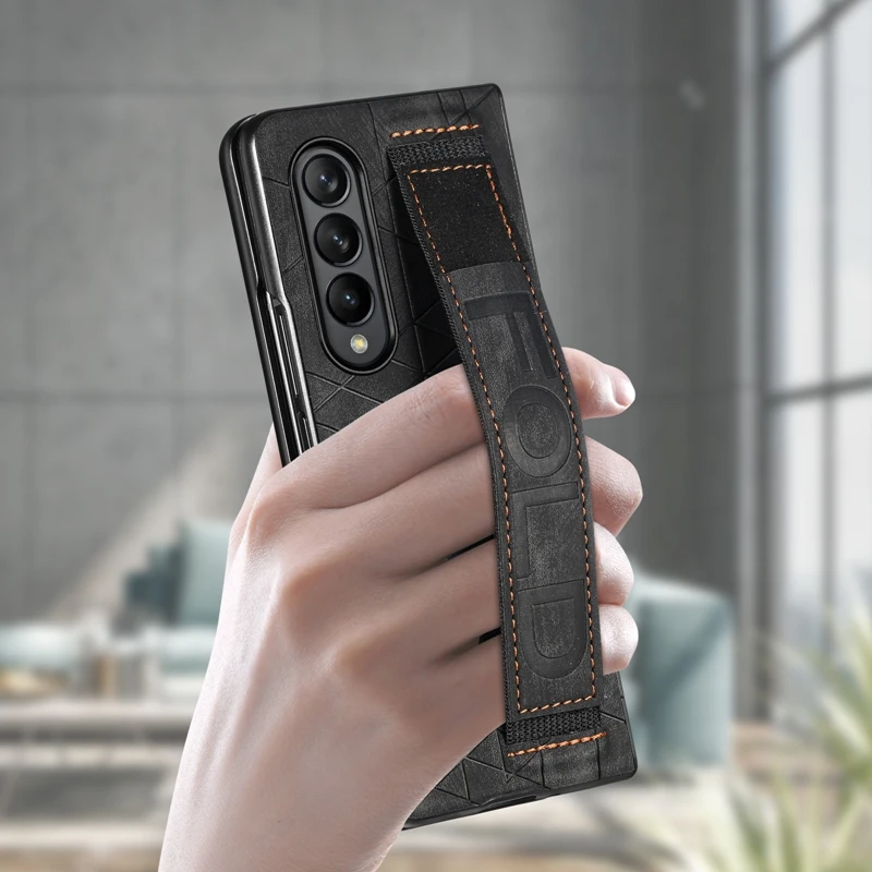 Wrist Strap Phone Case For Samsung Galaxy Z Fold 5 4 3 Phone Cover Shockproof Anti-Drop Back Cover With Pen Holder(Exclude Pen)