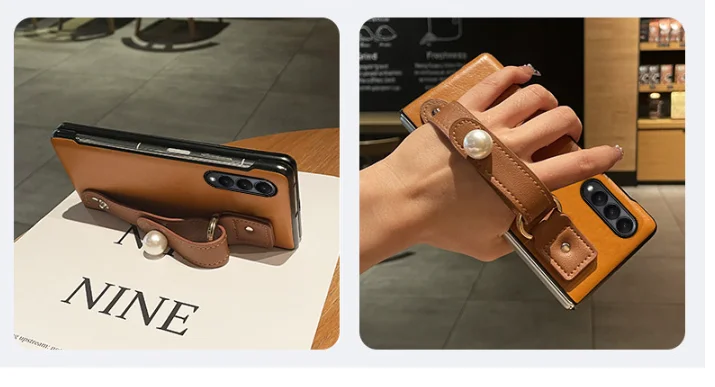 DIY Luxury Leopard Print Bracelet Pearl Strap Leather Case For Samsung Galaxy Z Fold4 Case for Galaxy Z Fold 5 Case Z Fold 3 2 1
